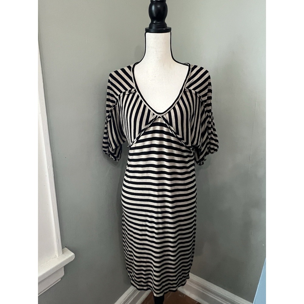 Studio M Size M Striped Black & Tan V-neck Dress
